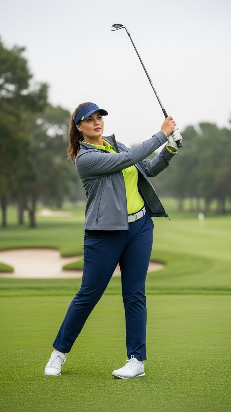 Curvy Woman Making Golf Swing In Lightweight Golf Jacket Over Polo Shirt On Overcast Day