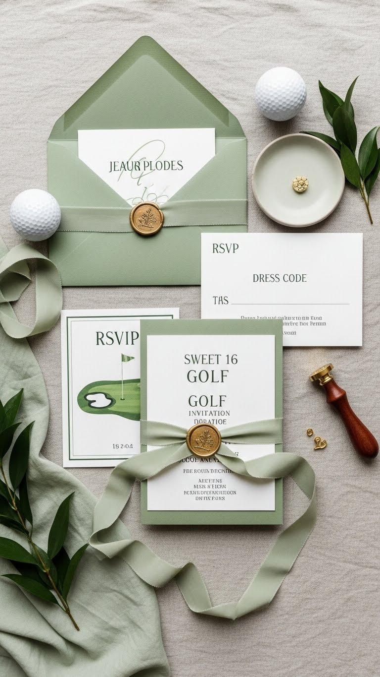 Custom-Designed Golf Party Invitation Suite With Green Wax Seal And Silk Ribbon