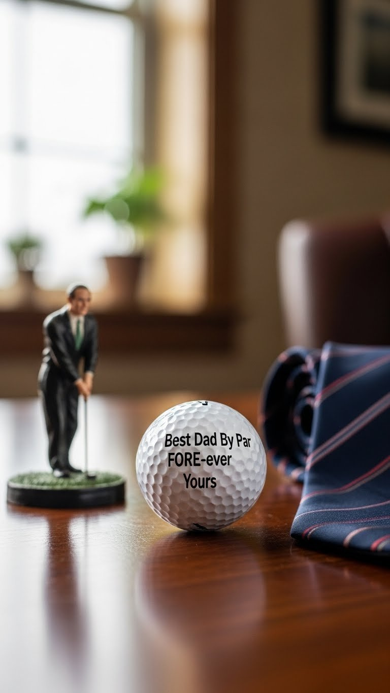 Custom Golf Ball With Elegant Black Lettering On Dark Wooden Desk With Soft Office Setting Backdrop