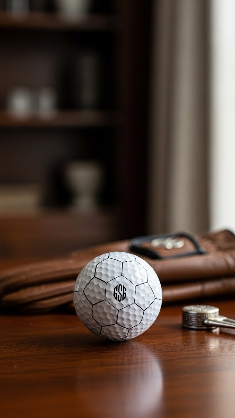 Custom Monogrammed Golf Ball With Soccer Pattern On Polished Wood Surface And Soft Bokeh Background