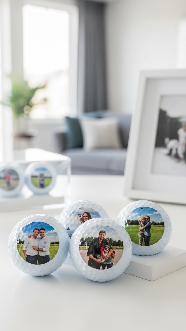 Decorated Golf Balls For Husband: Lasting &Amp; Unique Gifts Custom Photo Golf Balls Displaying Family Pictures And Memories On Clean White Stand With Bright Daylight And Soft Bokeh Effect