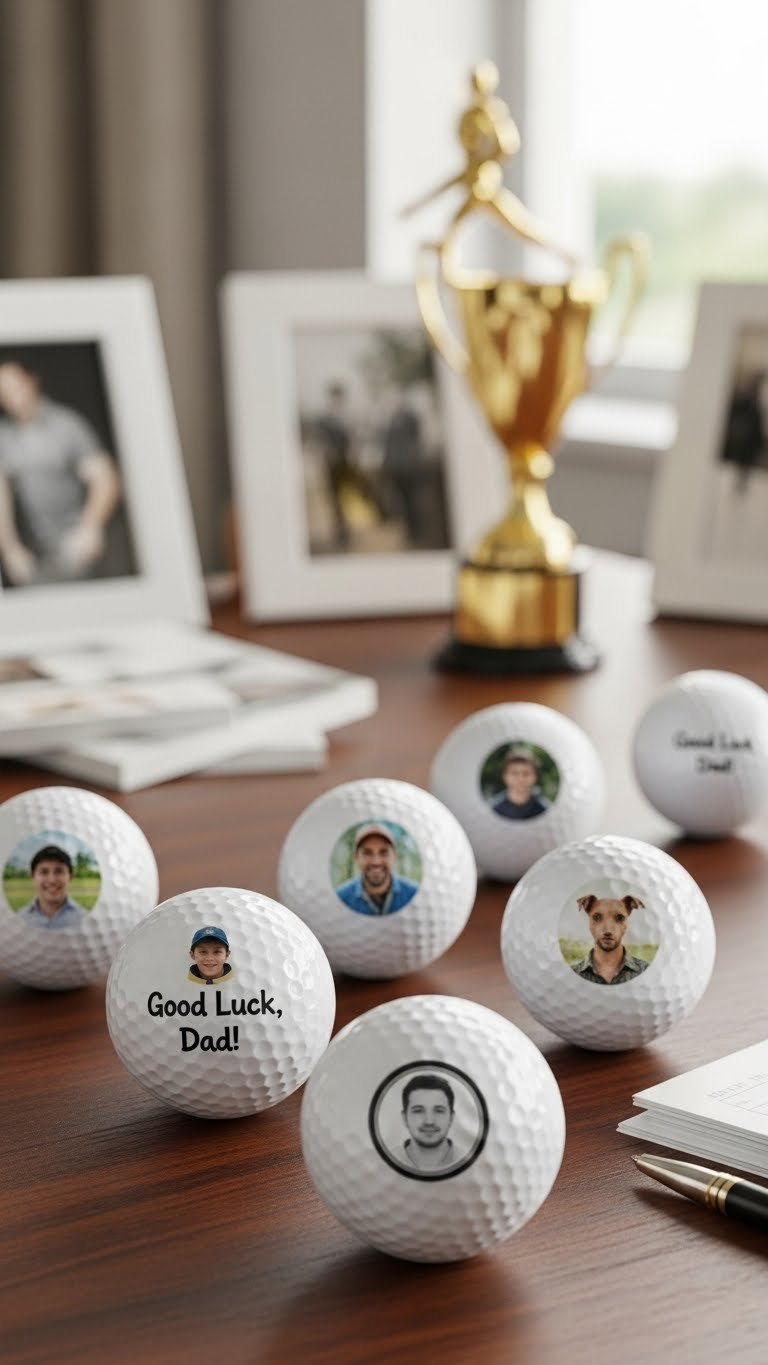 Custom Printed Golf Balls With Personalized Photos And Text Arranged Professionally On Wooden Desk Backdrop