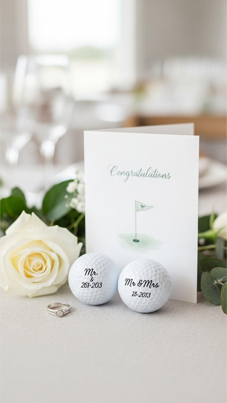 Custom Wedding Golf Balls With Mr And Mrs Text Positioned On Linen Tablecloth With Elegant Card And Rose In Bright Airy Setting