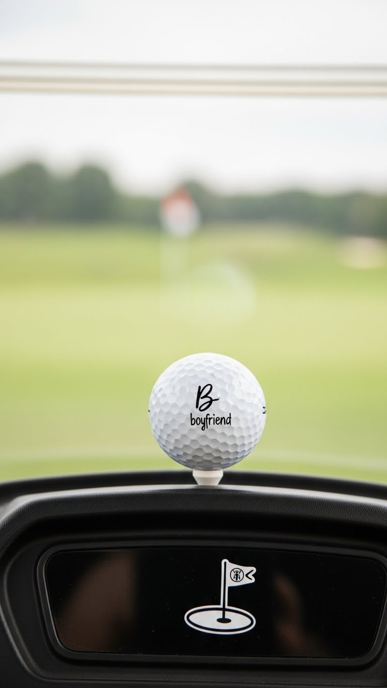 Customized Golf Ball With Hand-Drawn Initial On Tee Next To Golf Cart Dashboard With Personalized Accent Details