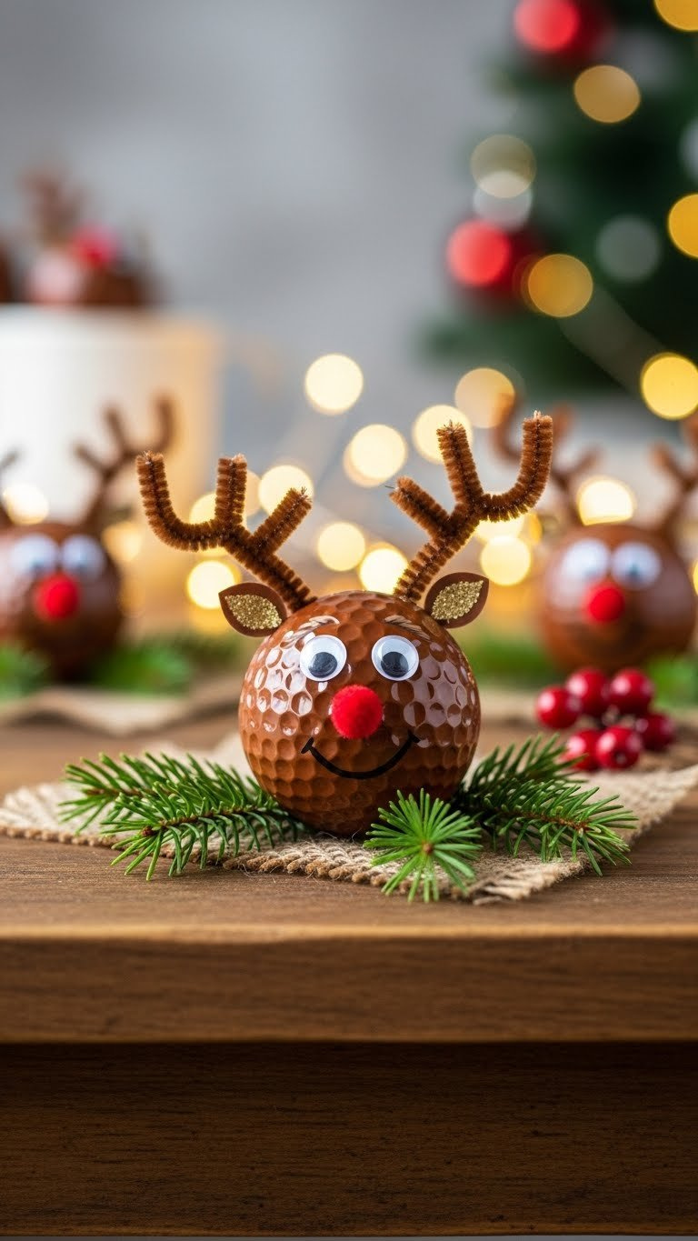 Cute Golf Ball Reindeer With Pipe Cleaner Antlers And Red Nose Nestled Among Pine Needles On Rustic Wood