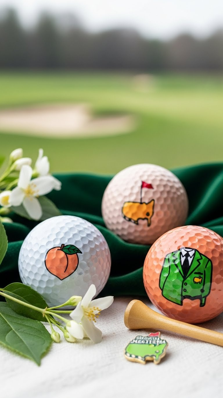 Diy Augusta Georgia Peach Themed Golf Balls On Velvet Cloth With Antique Golf Tee And Green Jacket Pin