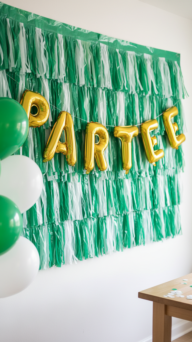 Diy Fringe Wall Backdrop With Par Tee Balloon Banner In Shades Of Green And White Party Decor