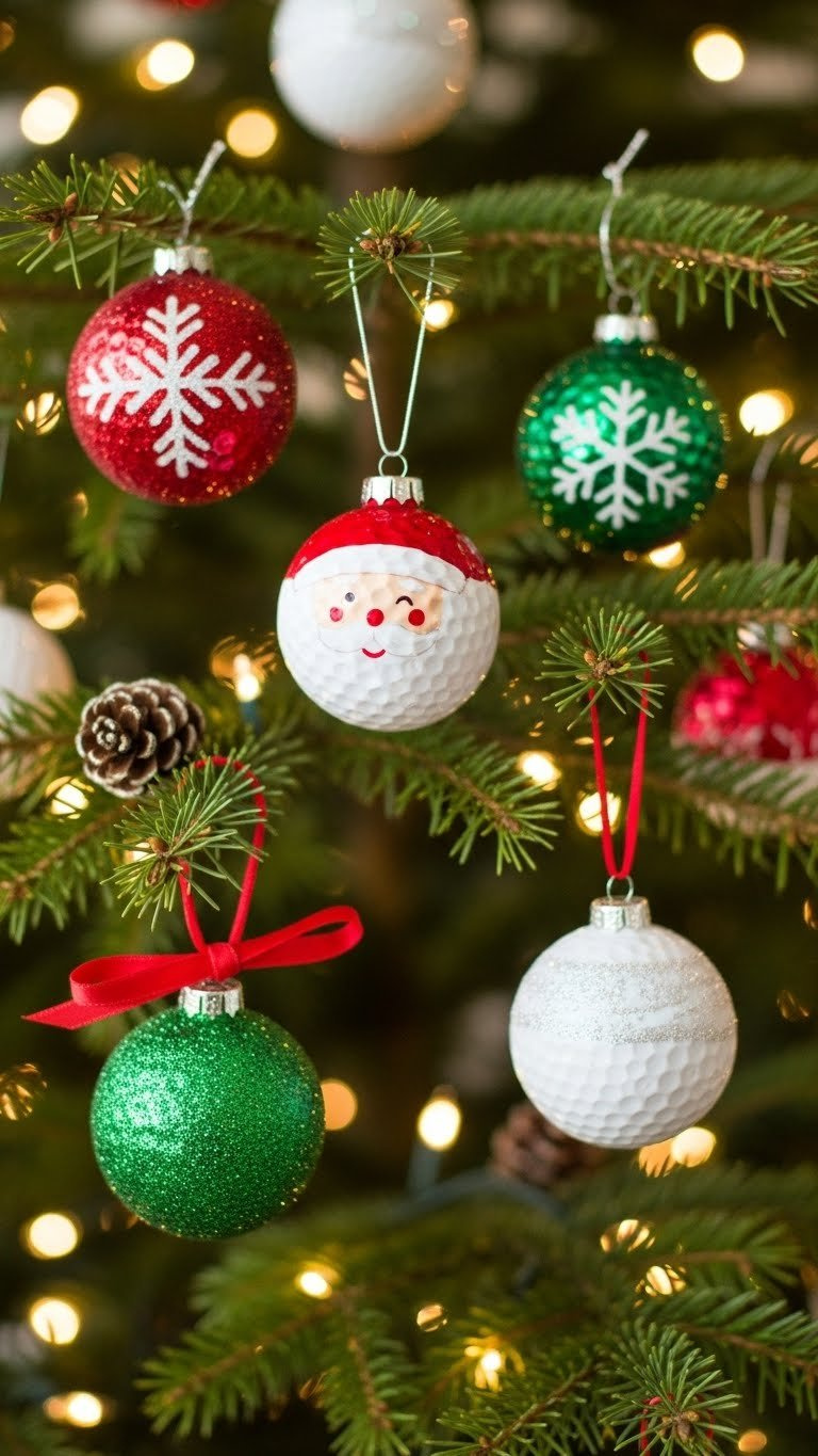 Diy Golf Ball Christmas Ornaments Painted As Santas And Snowflakes Hanging From Evergreen Branches With Festive Decorations.