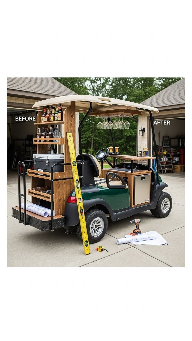 Diy Golf Cart Bar Transformation Showing Custom Shelving, Integrated Coolers, And Themed Accessories Against Green Backdrop