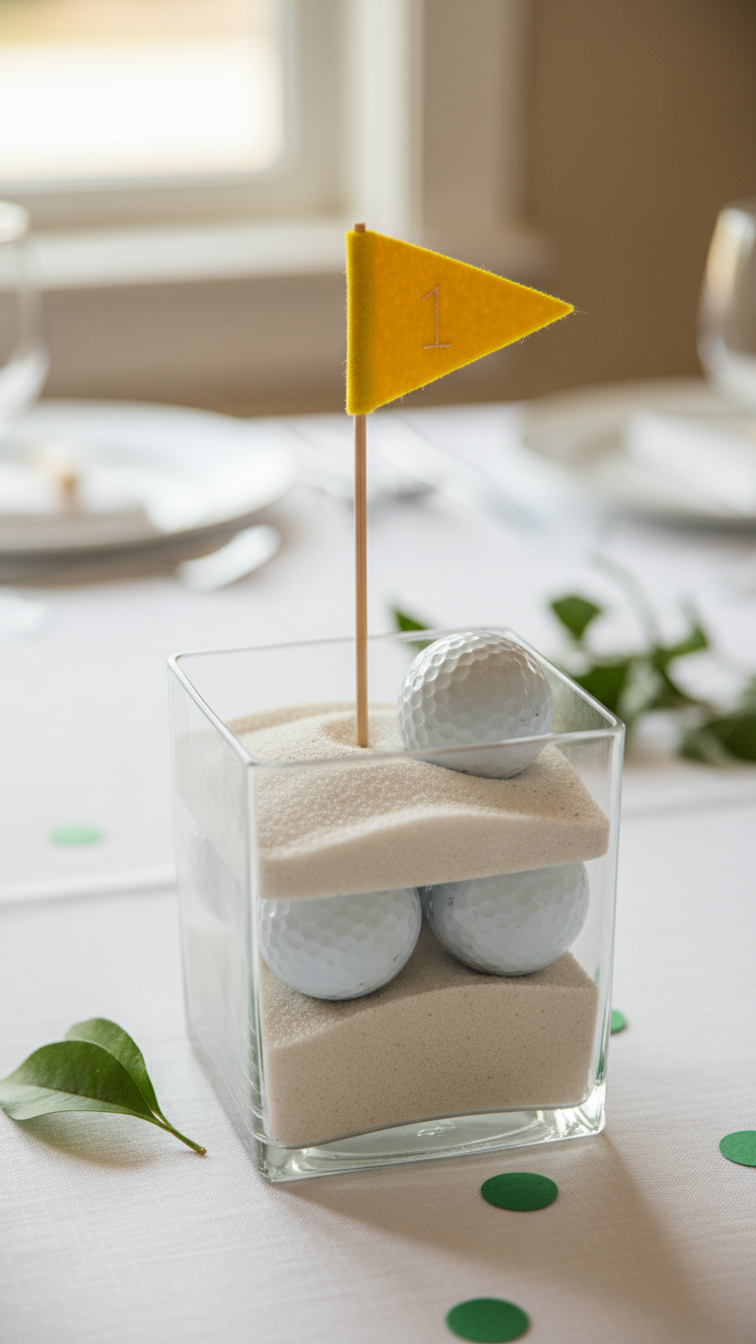 Diy Golf Centerpiece With Glass Vase Filled With White Sand, Golf Balls, And Yellow Flagstick On Table.