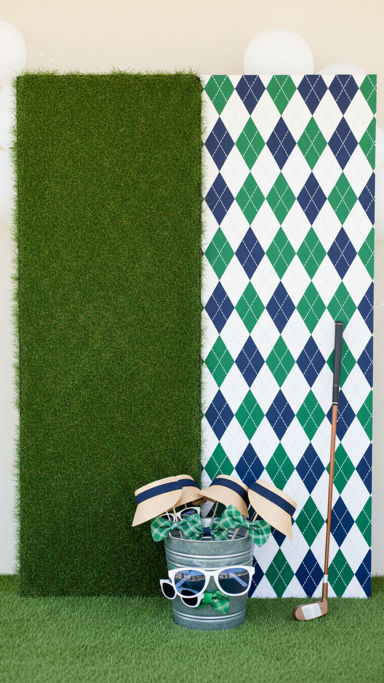 Diy Golf Photo Booth Backdrop With Artificial Turf And Argyle Pattern Wall For Party Decorations
