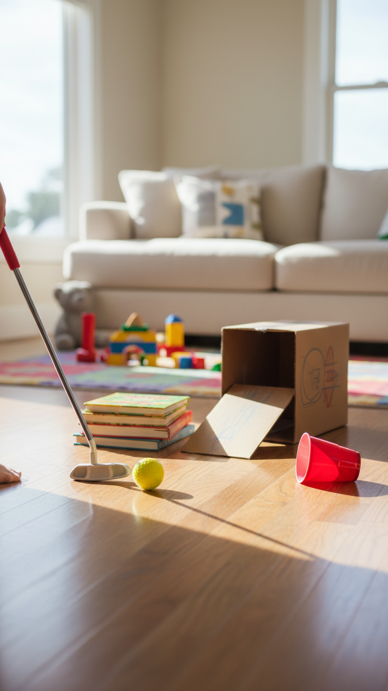 Diy Mini Golf Hole With Cardboard Tunnel And Book Ramp In Cozy Living Room Indoor Activity