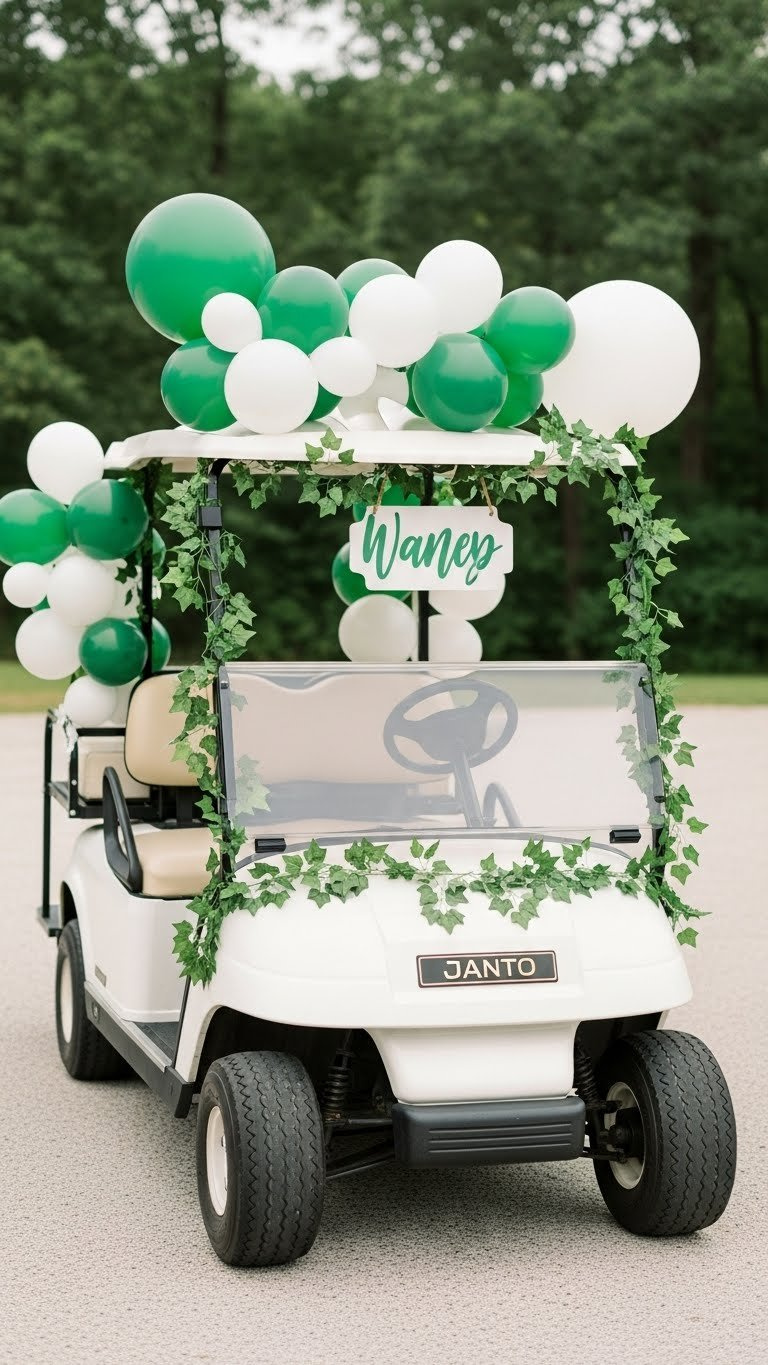 Diy Photo Booth Featuring Vintage White Golf Cart Adorned With Ivy Garlands And Balloons