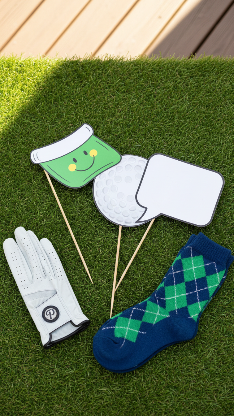 Diy Photo Booth Props Including Cartoon Golf Ball, Visor And Speech Bubble Sticks On Grass Mat