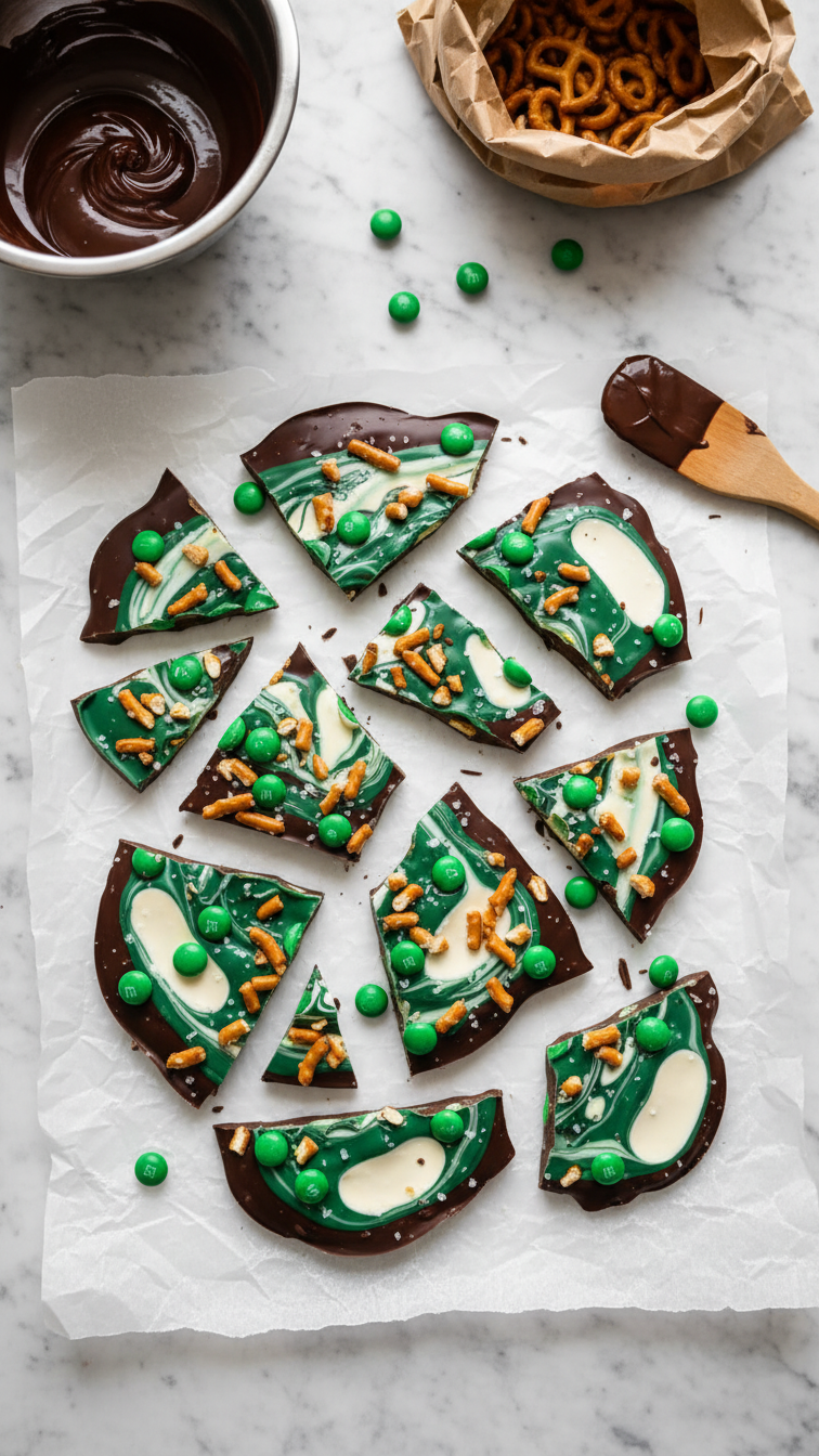 Dark Chocolate Bark Swirled With Green And White Candy Melts Topped With Pretzels And Green M&Amp;Ms