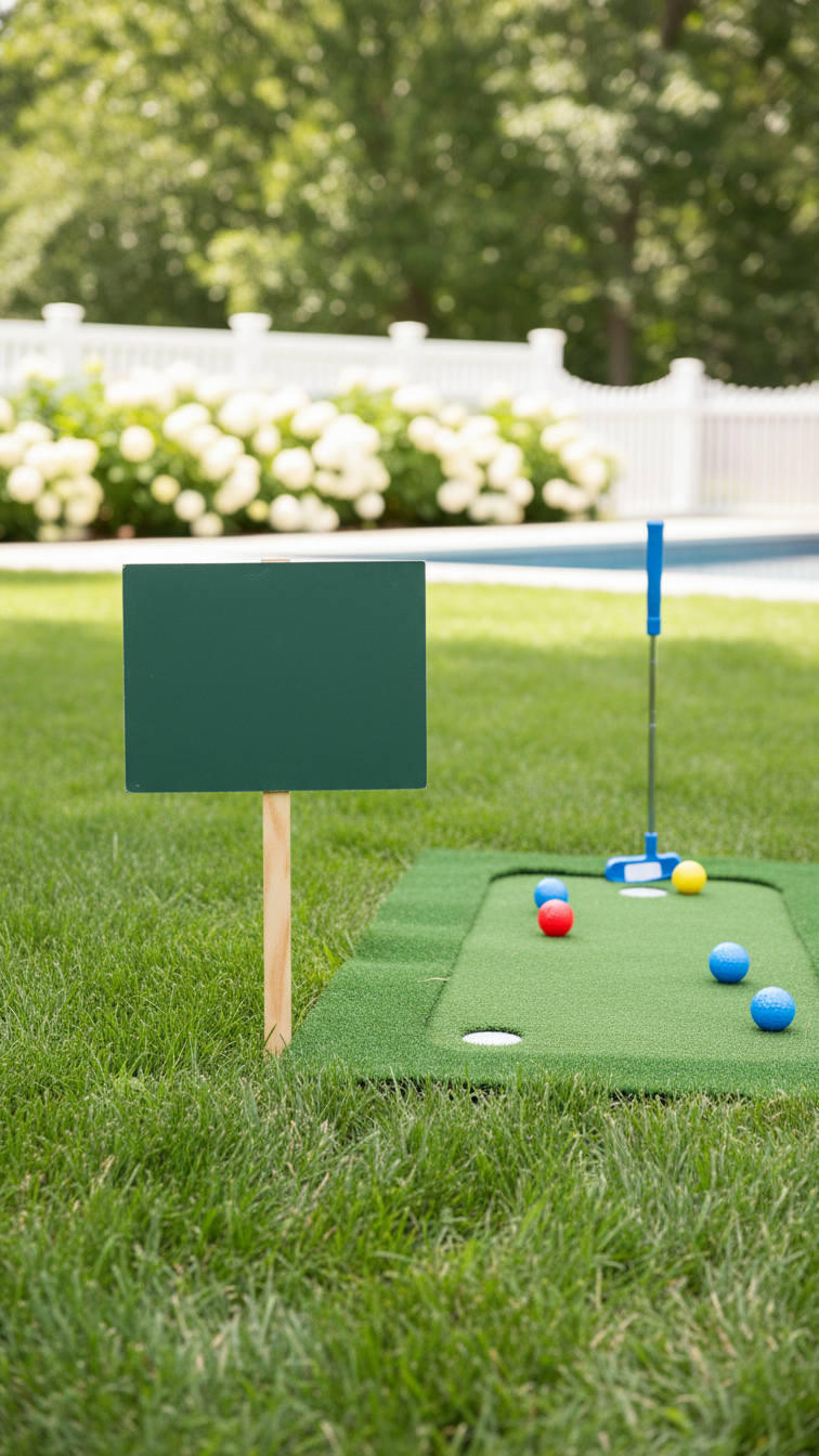 Dark Green Chalkboard Sign On Stake Next To Putting Green Mat With Colorful Golf Balls In Sunny Backyard.