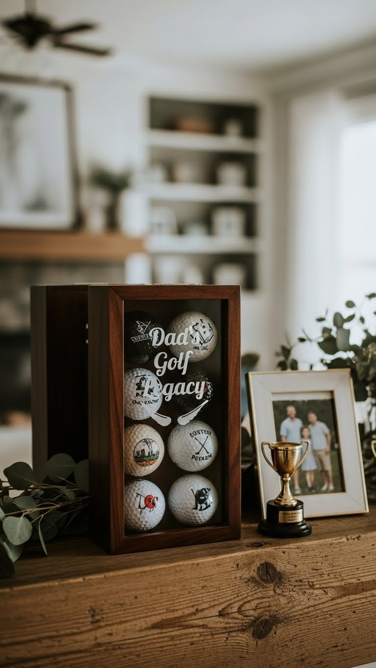 Dark Wood Golf Ball Display Case With Decorated Golf Balls Visible Through Clear Panel On Rustic Mantelpiece.