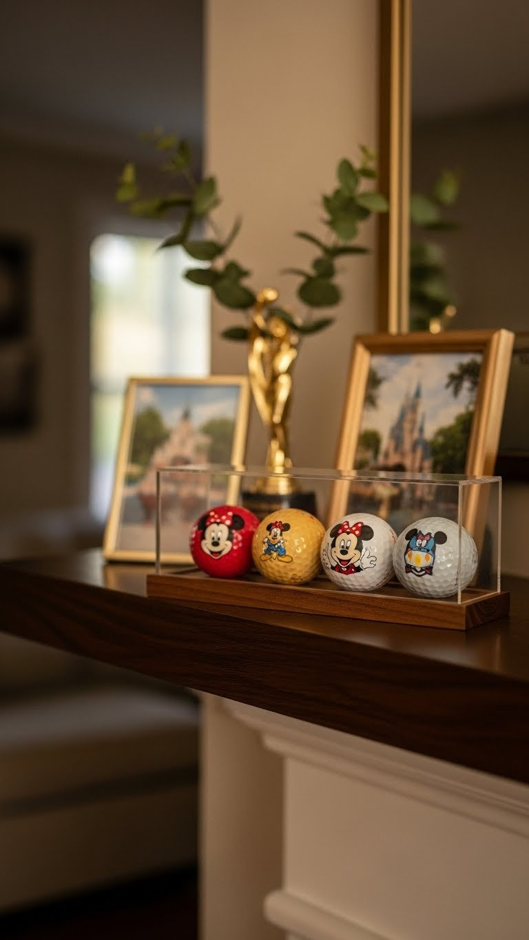 Decorated Disney Golf Balls Elegantly Displayed In Minimalist Wooden Case On Mantelpiece