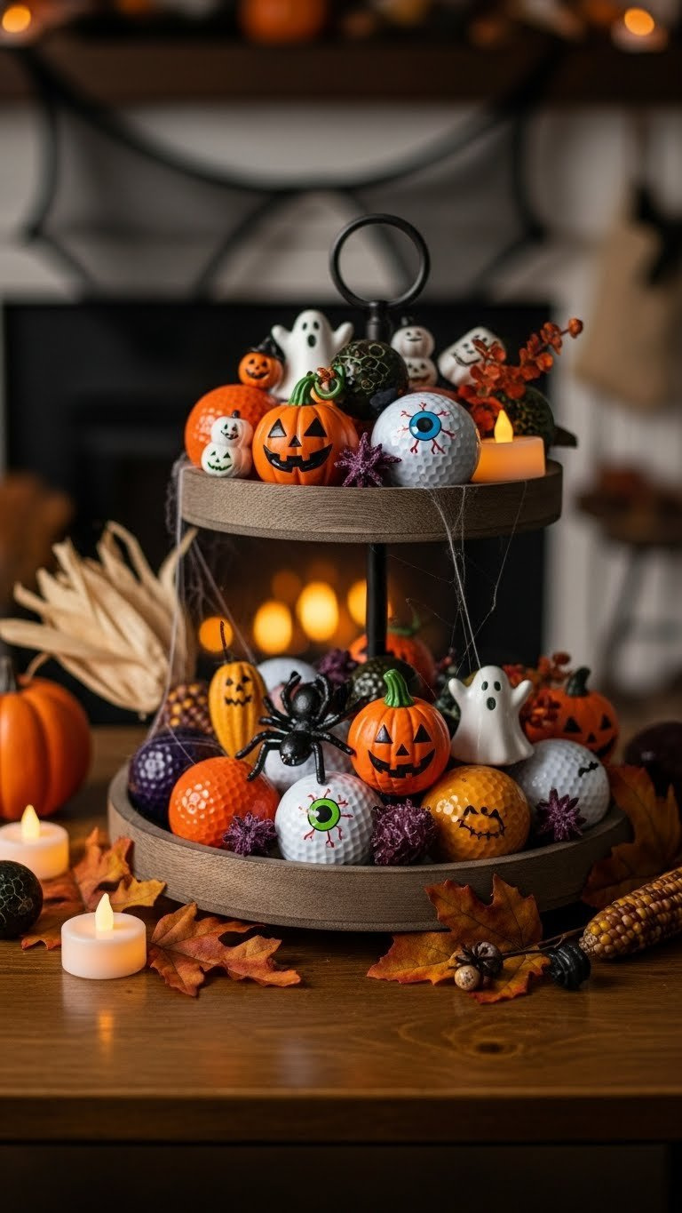 Decorative Halloween Golf Ball Display Featuring Pumpkins, Spiders, And Ghosts Arranged On Rustic Wooden Tray With Autumn Foliage.