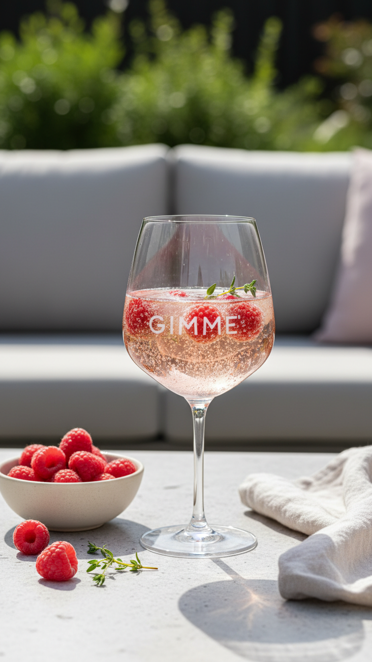 Delicate Pink Gimme Spritzer In Wine Glass With Raspberries And Thyme Garnish On Minimalist Patio