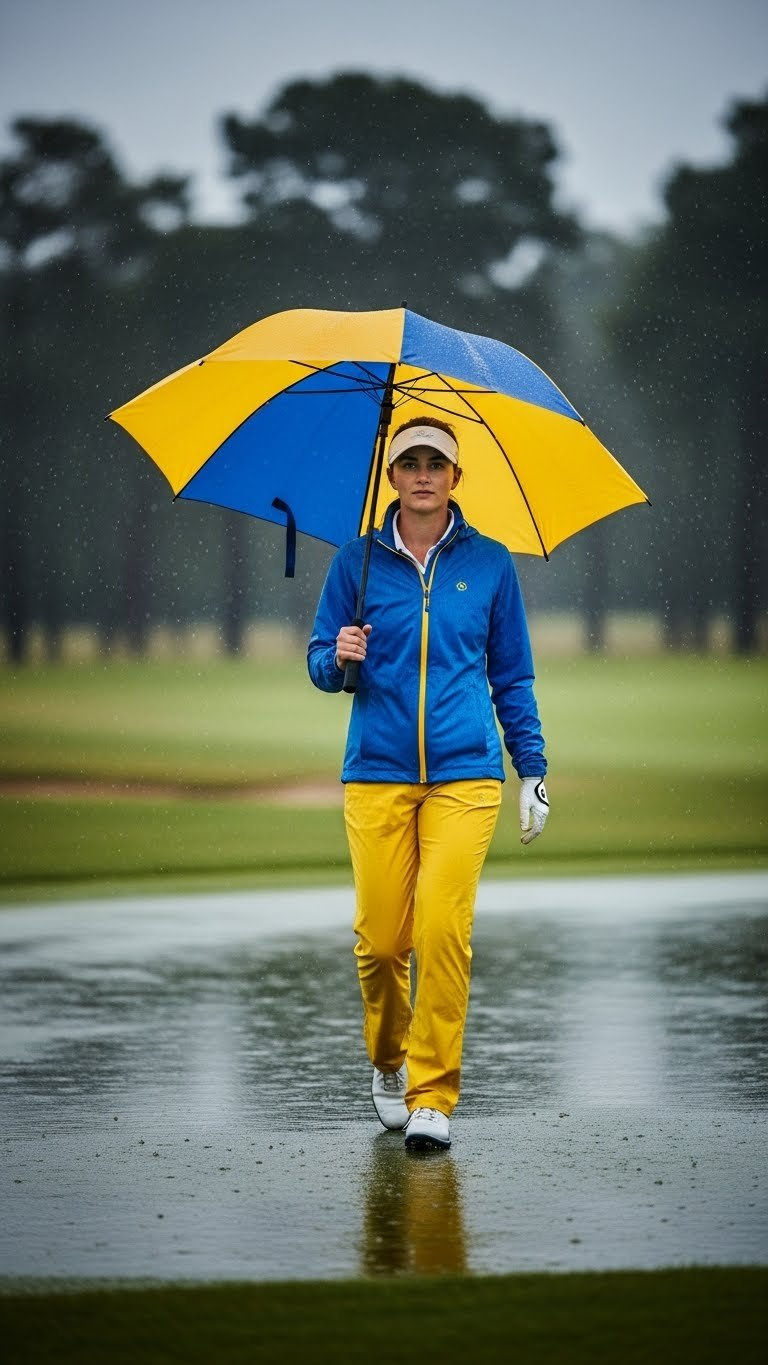 Determined Female Golfer In Lightweight Waterproof Jacket And Wind Pants Holding Golf Umbrella On Wet Golf Course Fairway