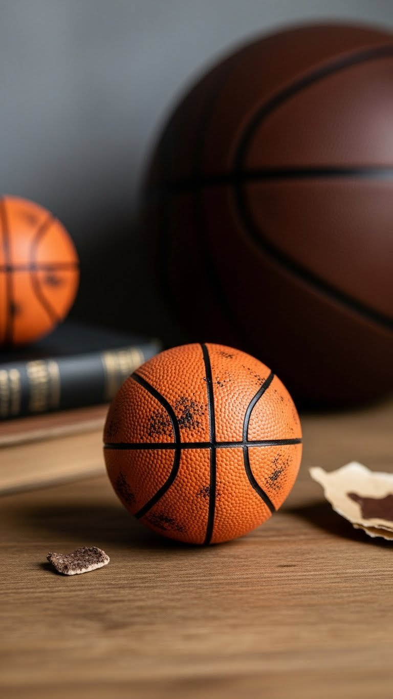 Distressed Orange Golf Ball With Vintage Basketball Texture And Scuff Marks On Rustic Wooden Table Background