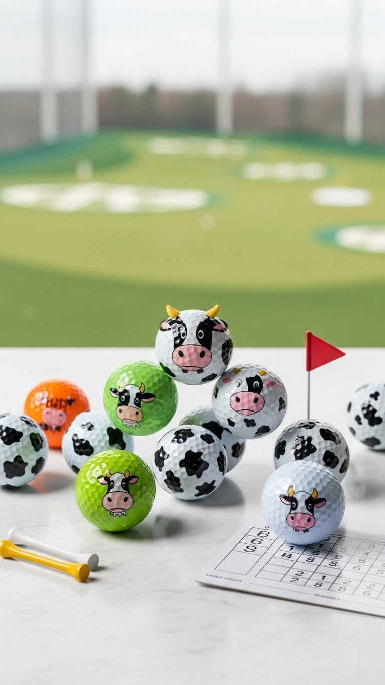 Diverse Cow Novelty Golf Balls Collection Featuring Various Patterns Arranged On White Marble Surface