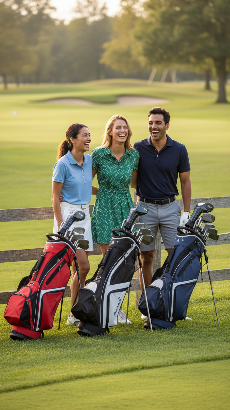 Diverse Friends Laughing Together With Golf Bags Against Rustic Fence Showcasing Golf Camaraderie
