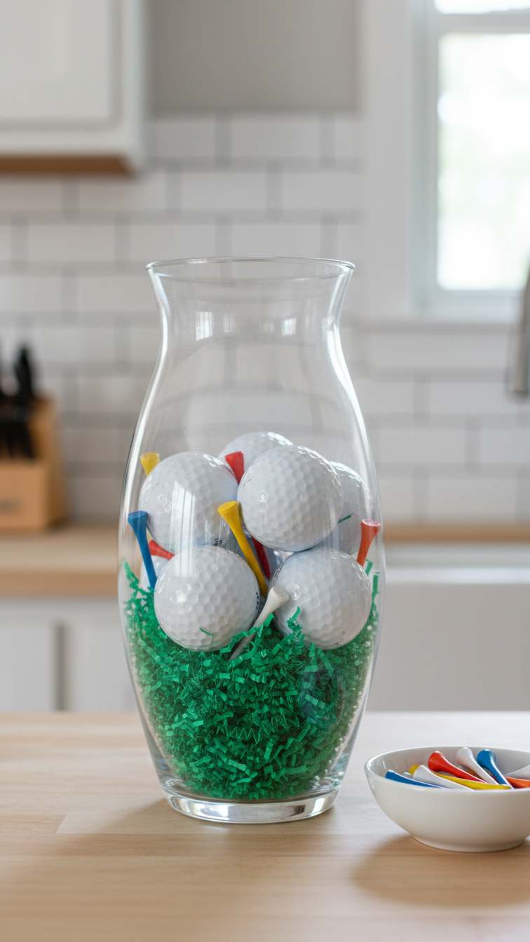 Dollar Tree Glass Vase Centerpiece With Green Shredded Paper Grass, Golf Balls, And Colorful Tees On Kitchen Counter