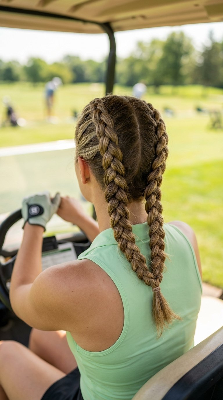 Double Dutch Braids Hairstyle On Active Female Golfer With Intricate Braid Texture And Golf Course Backdrop