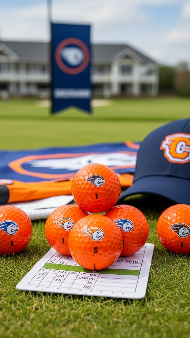 Dynamic Arrangement Of Bright Orange Golf Balls With Colorful Team Logos On Freshly Cut Green Turf