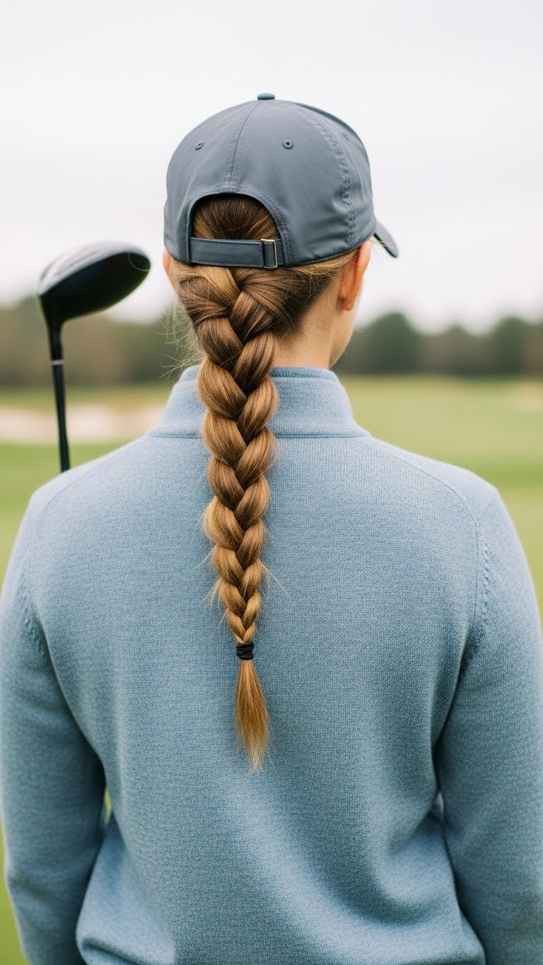 Dynamic Athletic Bubble Braid Running Down Back With Quarter-Zip Golf Sweater And Golf Cap On Outdoor Golf Course.
