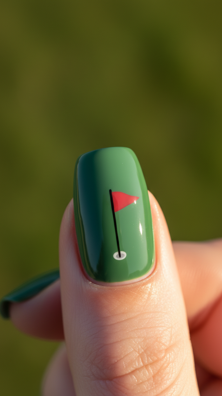 Dynamic Macro Shot Of Accent Nail With Tiny Golf Flag Design Featuring Red Flag On Green Base Against Blurred Golf Green Background