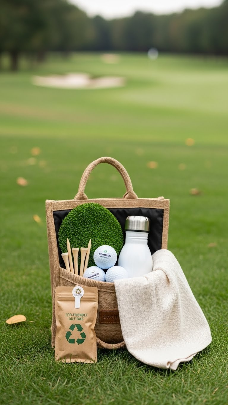 Eco-Friendly Golf Bag With Sustainable Bamboo Tees, Recycled Balls, And Natural Fiber Towel Arranged On Grassy Outdoor Setting