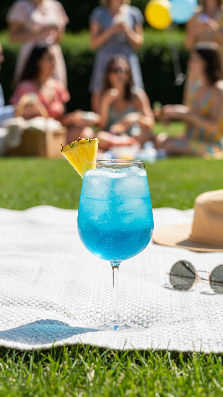 Electric Blue Birdie Juice Cocktail In Stemless Wine Glass With Pineapple Wedge Garnish On Sunny Lawn