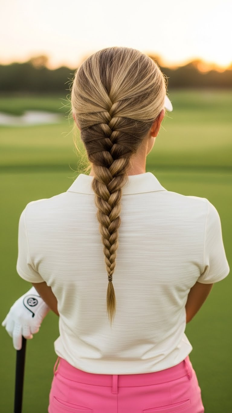 Golf Hairstyles Women: 9 Easy Pro-Approved Looks Elegant French Braid Hairstyle For Female Golfers On Sunset Golf Course With Soft Focus