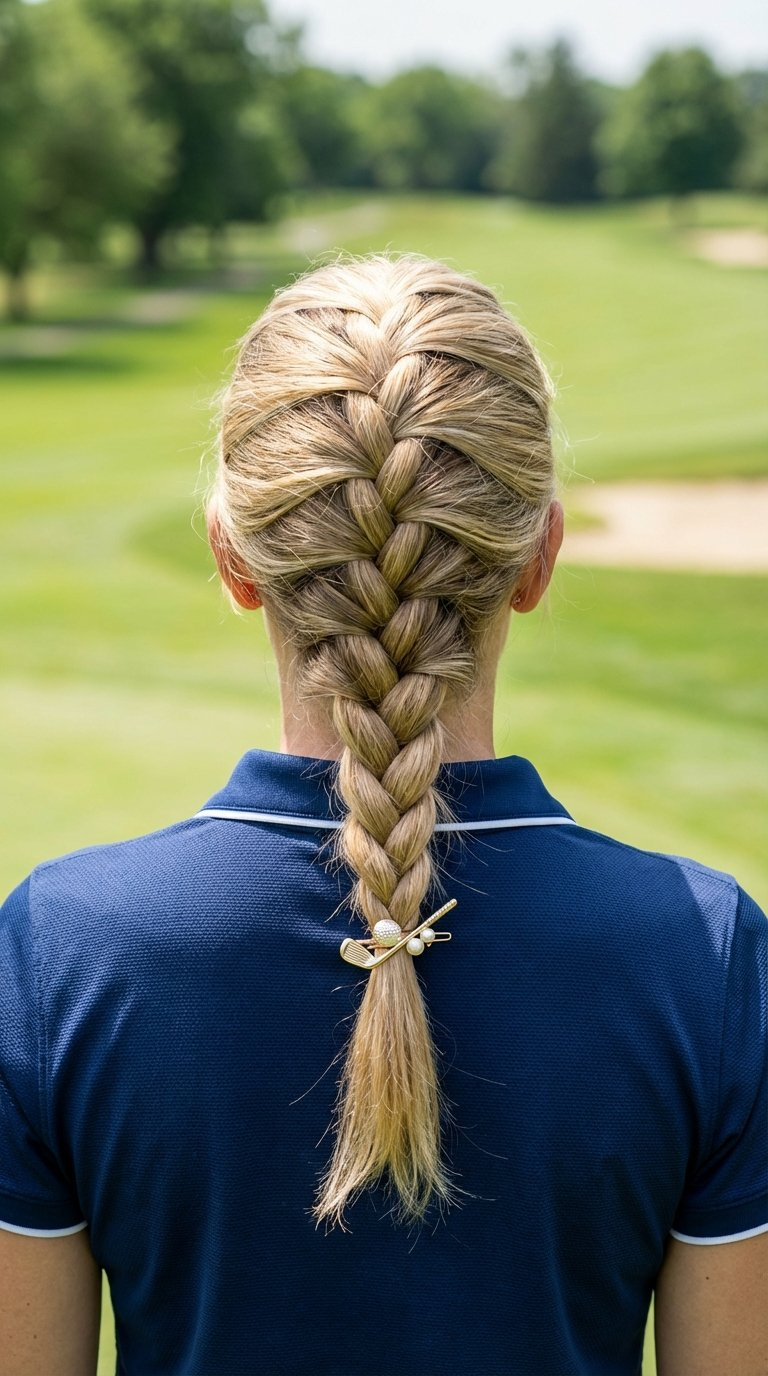 Elegant French Braid Secured With Decorative Hair Clip On Golf Course With Soft Blurred Green Backdrop