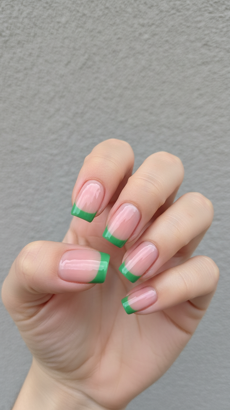 Elegant French Manicure With Fairway Green Tips Replacing White On Sheer Pink Base Against Neutral Gray Textured Wall