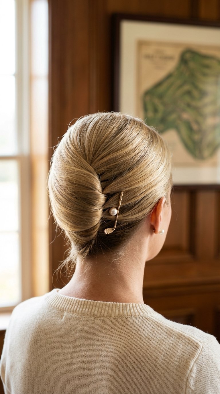 Elegant French Twist Low Hairstyle On Female Golfer With Polished Finish Suitable For Formal Golf Settings