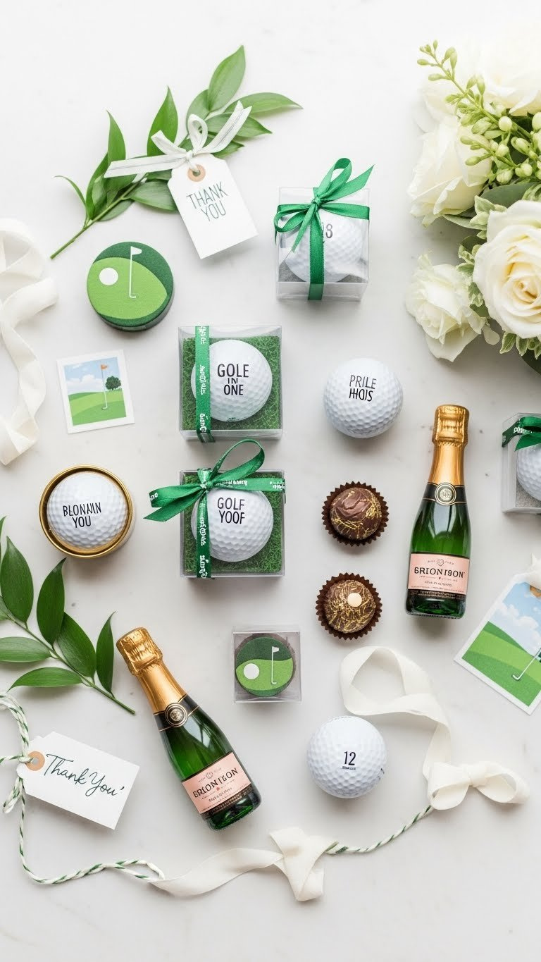 Elegant Hole-In-One Favors And Prizes Display With Personalized Golf Balls, Clear Boxes, And Clean Minimalist Presentation On White Marble Surface.