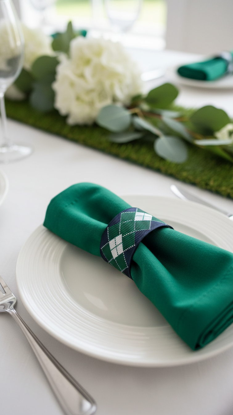 Elegant Argyle Pattern Napkin Ring Holding Forest Green Cloth Napkin On White Ceramic Dinner Plate