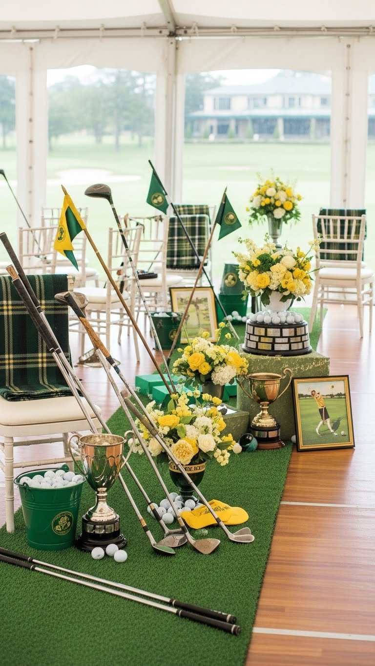 Elegant Country Club Golf Party Decor Featuring Vintage Golf Clubs, Trophies, And Green Turf Runners With Bright Yellow Accents.