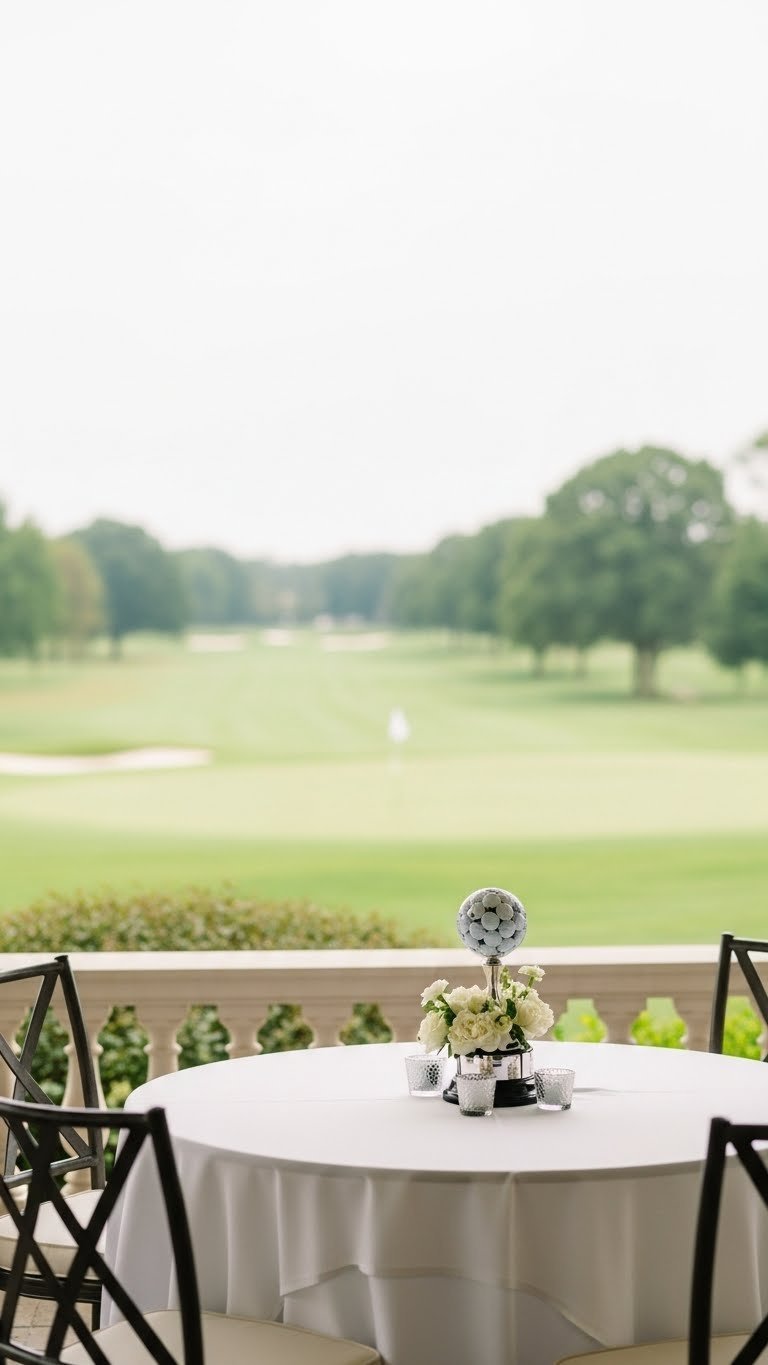 Elegant Country Club Patio Setup For Golf Retirement Party With Lush Golf Course Backdrop And White Tablecloth Decor