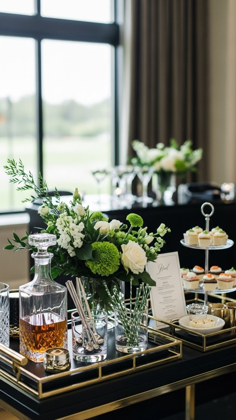 Elegant Event Bar Cart For Golf Tournament With Premium Decanters, Custom Glassware, And Floral Arrangement On Black Glossy Surface