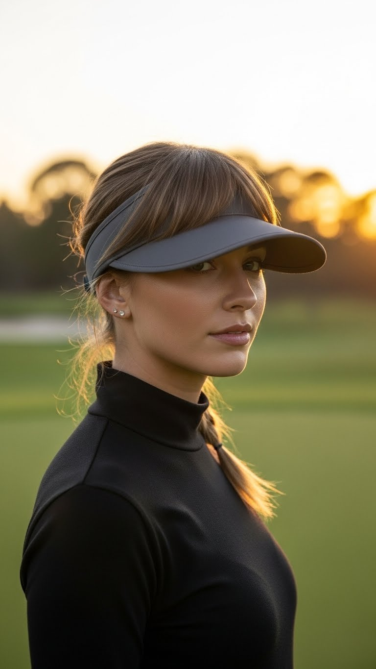 Elegant Female Golfer With Side-Swept Bangs Secured Under Golf Visor During Golden Hour On Green Course