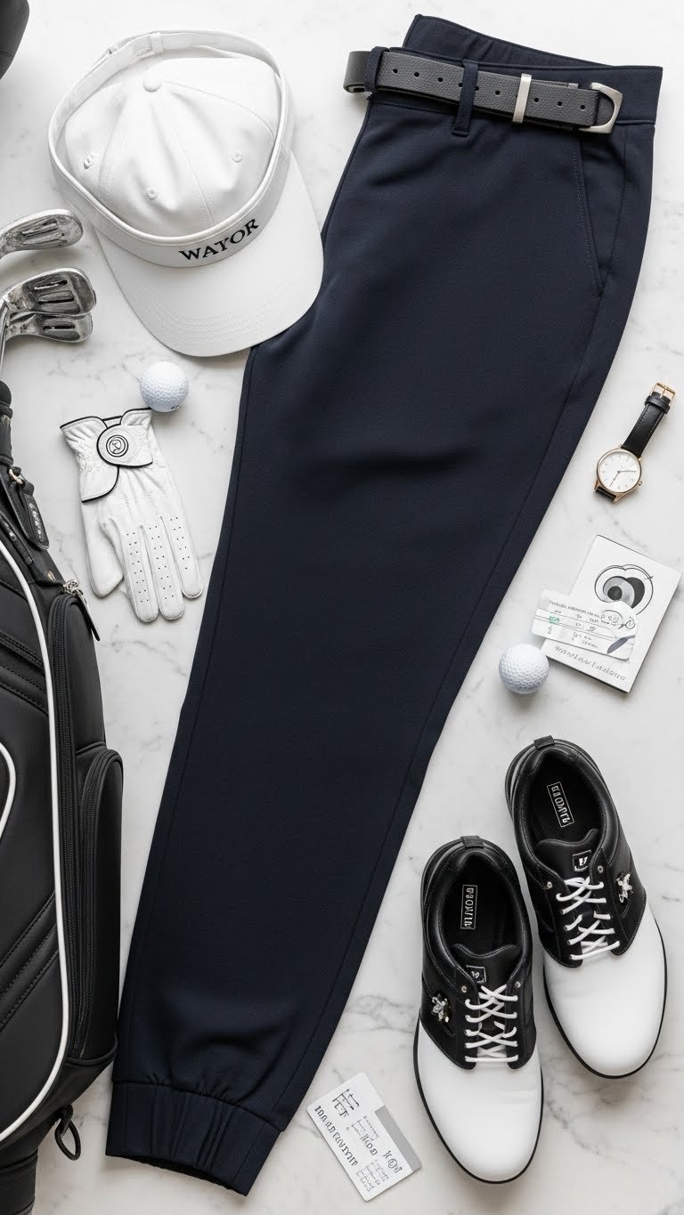 Elegant Flat Lay Of Women'S Golf Joggers Coordinated With Golf Accessories Like Belt, Visor, And Spikeless Shoes
