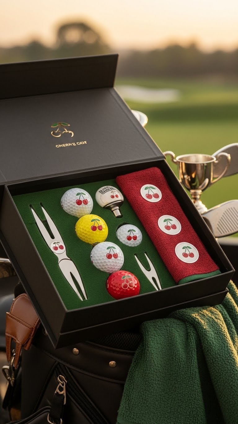 Elegant Gift Box With Cherry-Themed Golf Balls And Accessories Arranged On Golf Bag Fabric