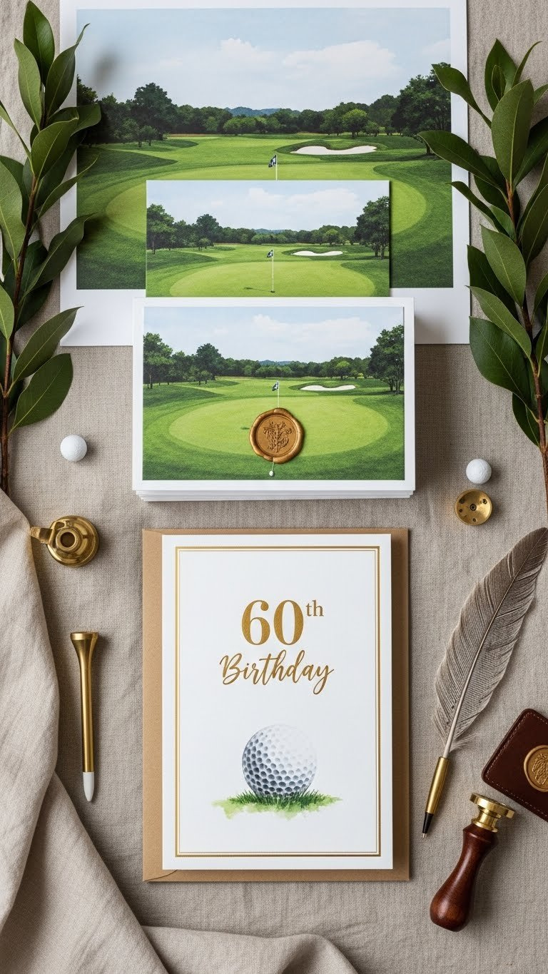 Elegant Golf-Themed 60Th Birthday Invitations With Gold Foil Accents And Watercolor Illustrations Arranged On Neutral Linen Tablecloth