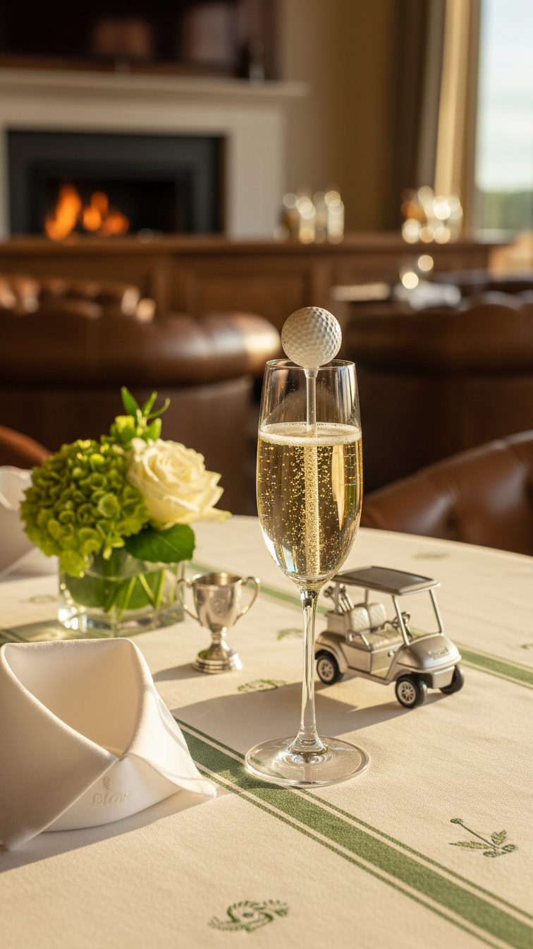 Elegant Golf-Themed Banquet Table Setting With Champagne Flute Featuring Golf Ball Stir Stick On Crisp White Tablecloth