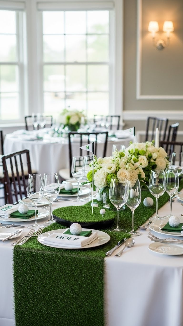 Elegant Golf-Themed Engagement Party Table Setting With Green And White Decor, Turf Runners, Golf Ball Centerpieces, And Argyle Patterns At A Country Club.